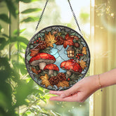 Mushroom Stained Glass Suncatcher, Round Autumn Wreath Window Panel with Pinecones and Lantern, Woodland Nature Glass Art Home Decor Gift